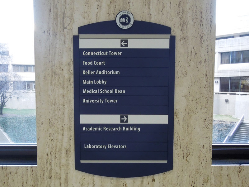 UCONN Health Center UCHC Farmington, CT Academic Wing Interior and Exterior Wayfinding Signs